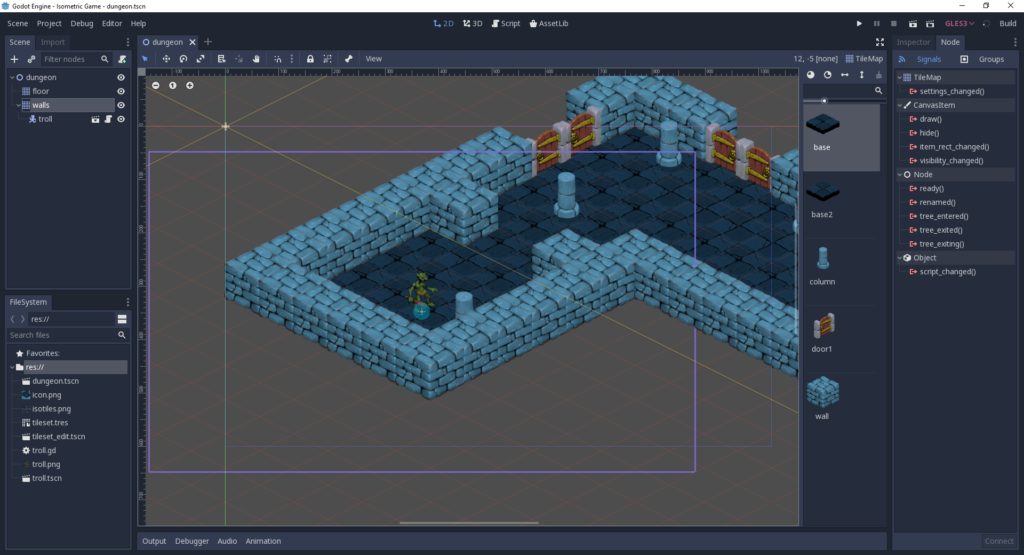 Capture d'écran du moteur de jeu Godot, montrant un jeu 2D isométrique, notre choix pour le meilleur moteur de jeu en 2D
