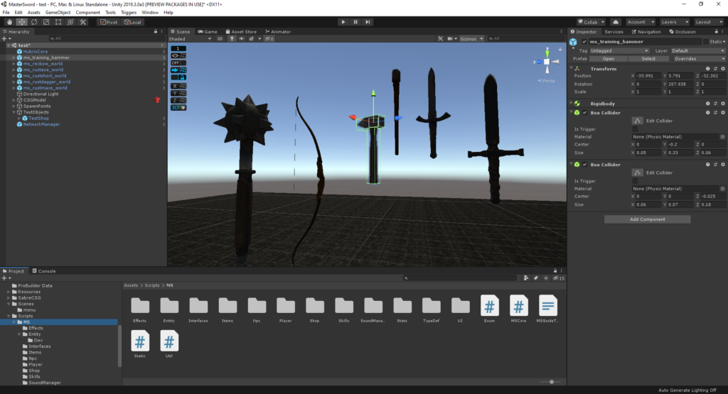 La capture d'écran du moteur de jeu Unity dans l'éditeur, montrant des modèles d'armes médiévaux, notre choix du meilleur moteur de jeu pour développeurs indépendants