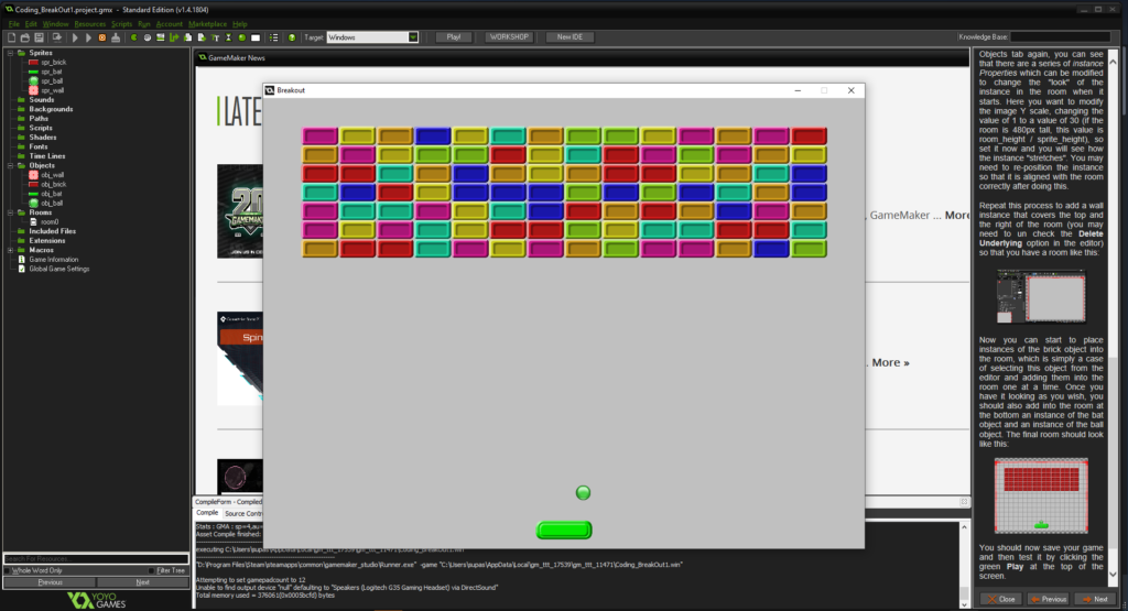 Capture d'écran du moteur de jeu GameMaker Studio, montrant le didacticiel Breakout en cours, notre choix du meilleur moteur de gamine pour les débutants